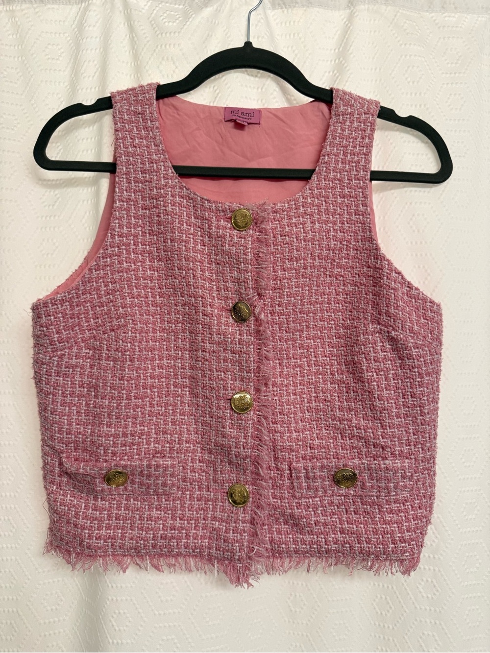 miami Pink Tweed Sleeveless Button Vest with Gold Buttons
